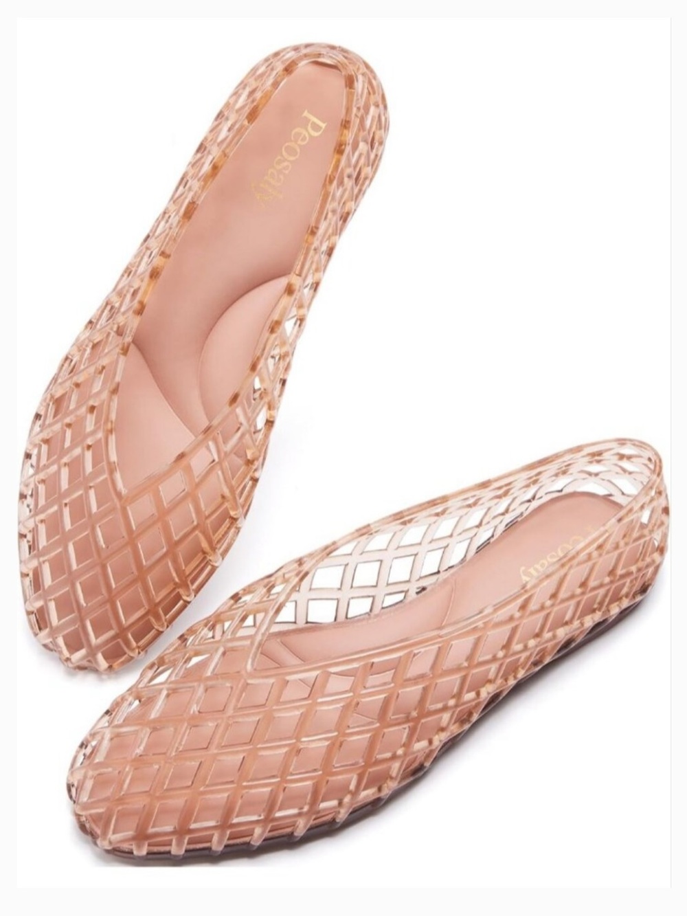 Rouge Helium | Women's Pale Blush Pink Jelly Ballet Flats Allover Gold Glitter 6